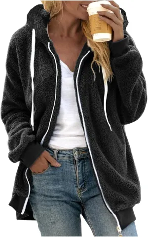 LCMTWX Womens Winter Jacket Coats Solid Color Artificial Wool Zipper Drawstring Long-Sleeved Thermal Sweatshirt Outerwear