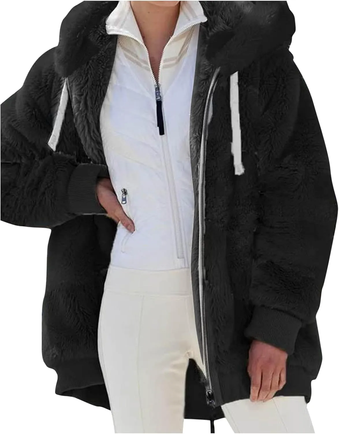 LCMTWX Womens Winter Jacket Coats Solid Color Artificial Wool Zipper Drawstring Long-Sleeved Thermal Sweatshirt Outerwear