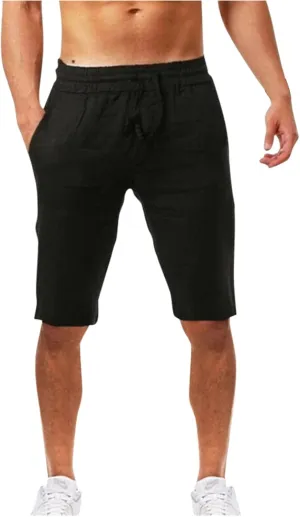 LEIYAN Mens Cotton Linen Shorts Casual Stretch Waist Drawstring Capri Yoga Shorts Active Workout Lounge Shorts Black