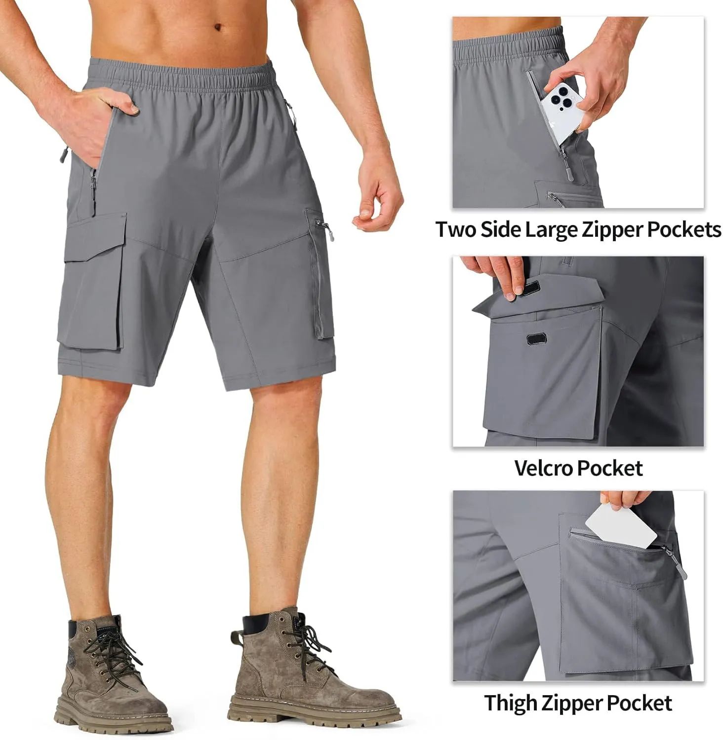 Lexiart Men's Hiking Cargo Shorts Drawstring Stretch Lightweight Quick Dry Shorts with Zipper Pockets