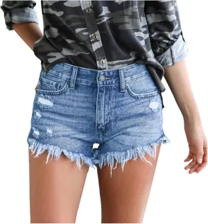 LFEOOST Denim Shorts for Women Casual Summer High Waisted Ripped Hot Short Jeans Frayed Distressed Jeans Shorts with Pockets