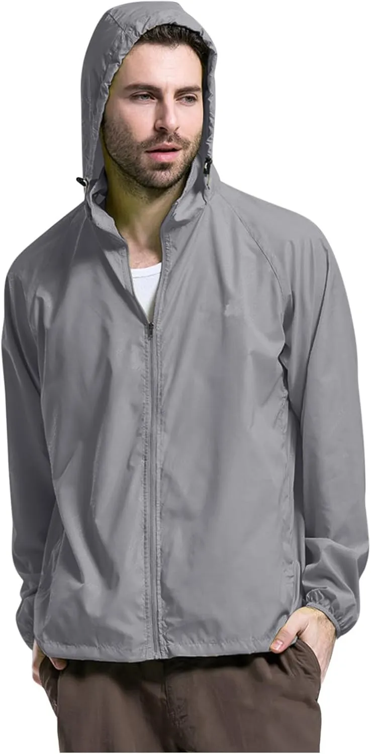 Lightweight Zip Up Raincoats for Men Waterproof Outdoor Thin Hooded Jackets Long Sleeve Solid Quick Drying Active Hoodies Mens Rain Jacket with Hood,Silver,XL