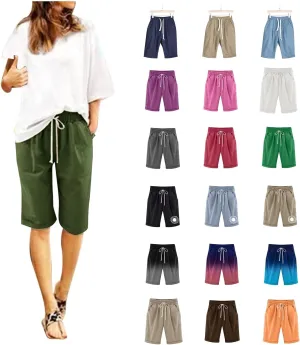 Linen Shorts for Women Summer Fashion High Waisted Bermuda Shorts Knee Length Elastic Waist Drawstring Shorts, Large