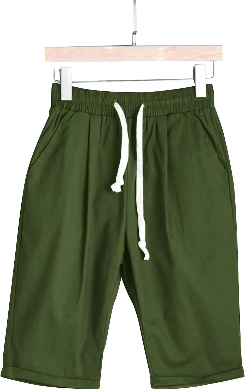 Linen Shorts for Women Summer Fashion High Waisted Bermuda Shorts Knee Length Elastic Waist Drawstring Shorts, Large