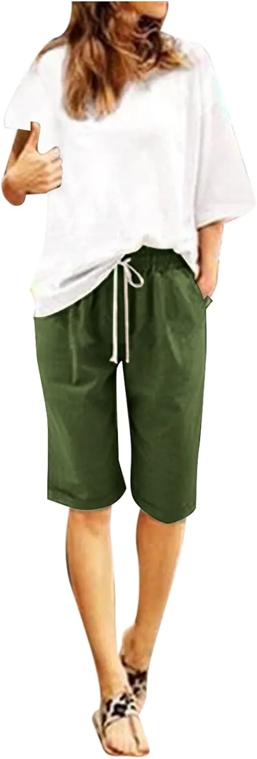 Linen Shorts for Women Summer Fashion High Waisted Bermuda Shorts Knee Length Elastic Waist Drawstring Shorts, Large