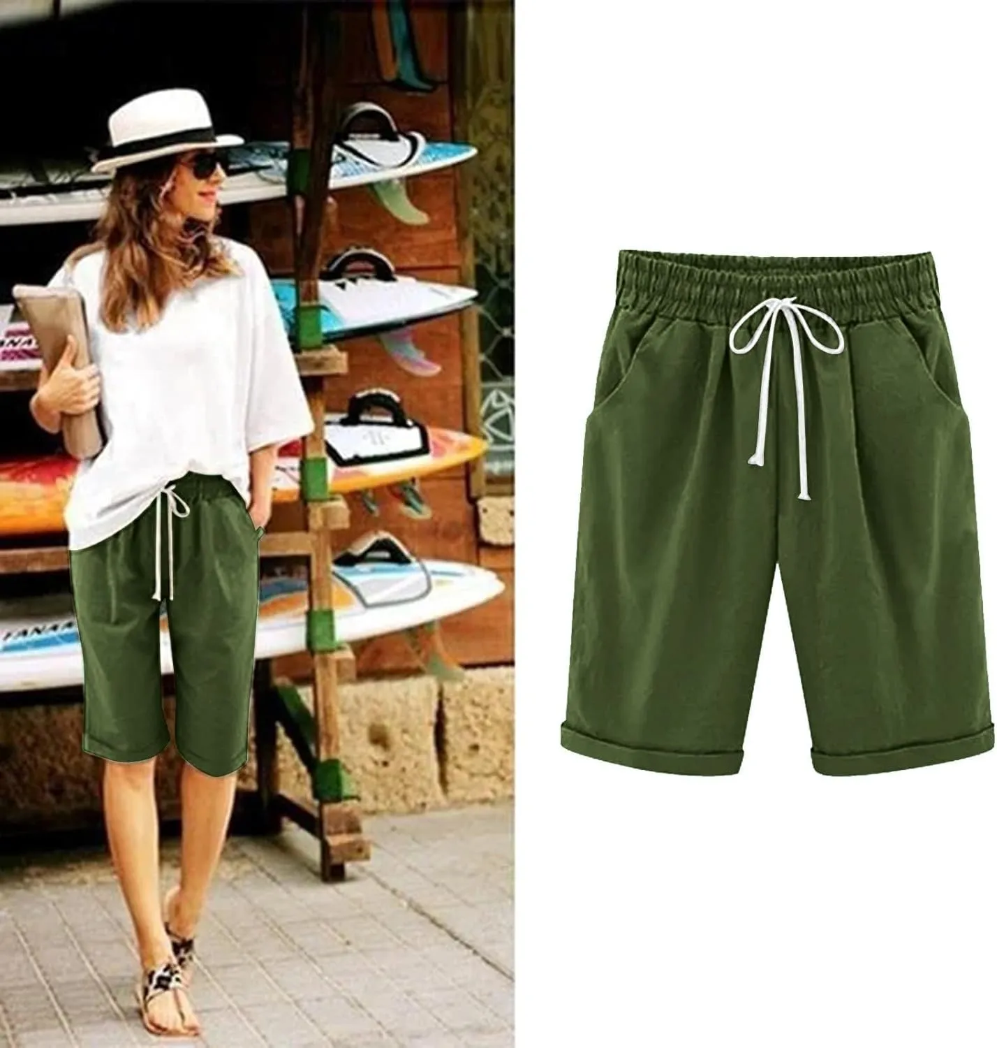 Linen Shorts for Women Summer Fashion High Waisted Bermuda Shorts Knee Length Elastic Waist Drawstring Shorts, Large