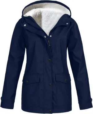 Lmdudan 2024 Trendy Waterproof Rain Jacket for Women Lightweight Zip Up Long Hooded Raincoat Outdoor Fleece Lined Trench Coat