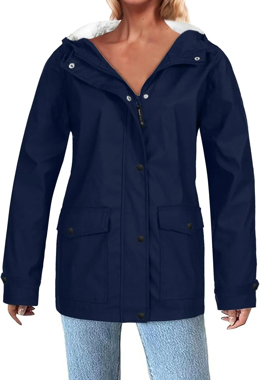 Lmdudan 2024 Trendy Waterproof Rain Jacket for Women Lightweight Zip Up Long Hooded Raincoat Outdoor Fleece Lined Trench Coat