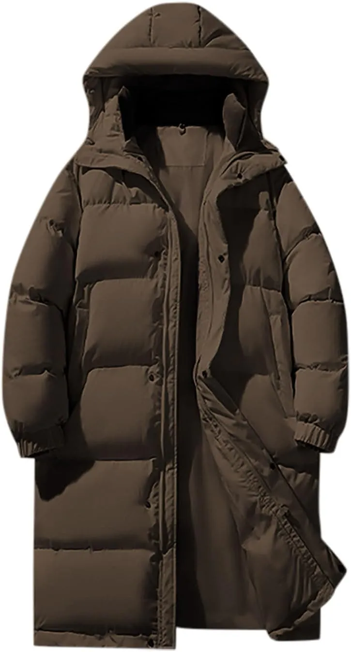 Long Down Puffer Coat Men Zip up Hooded Jacket Padded Quilted Jacket Windproof Winter Coat Thermal Outwear