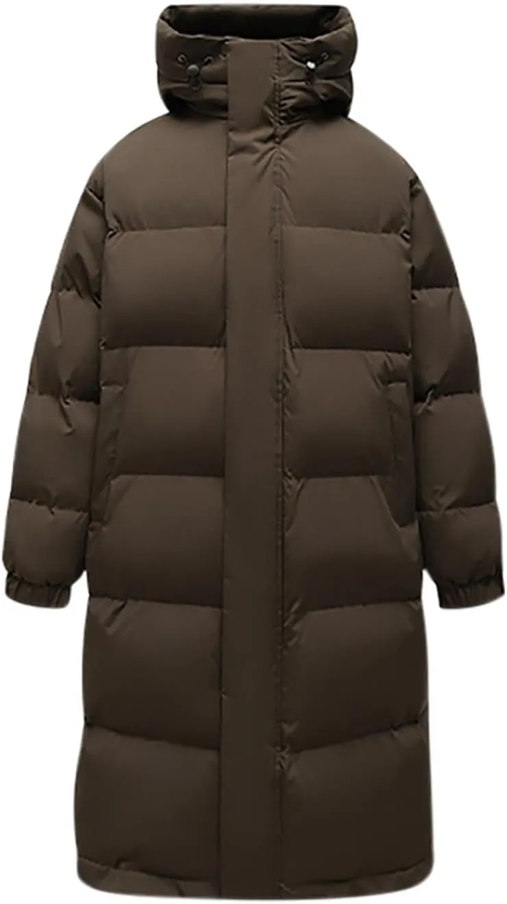 Long Down Puffer Coat Men Zip up Hooded Jacket Padded Quilted Jacket Windproof Winter Coat Thermal Outwear