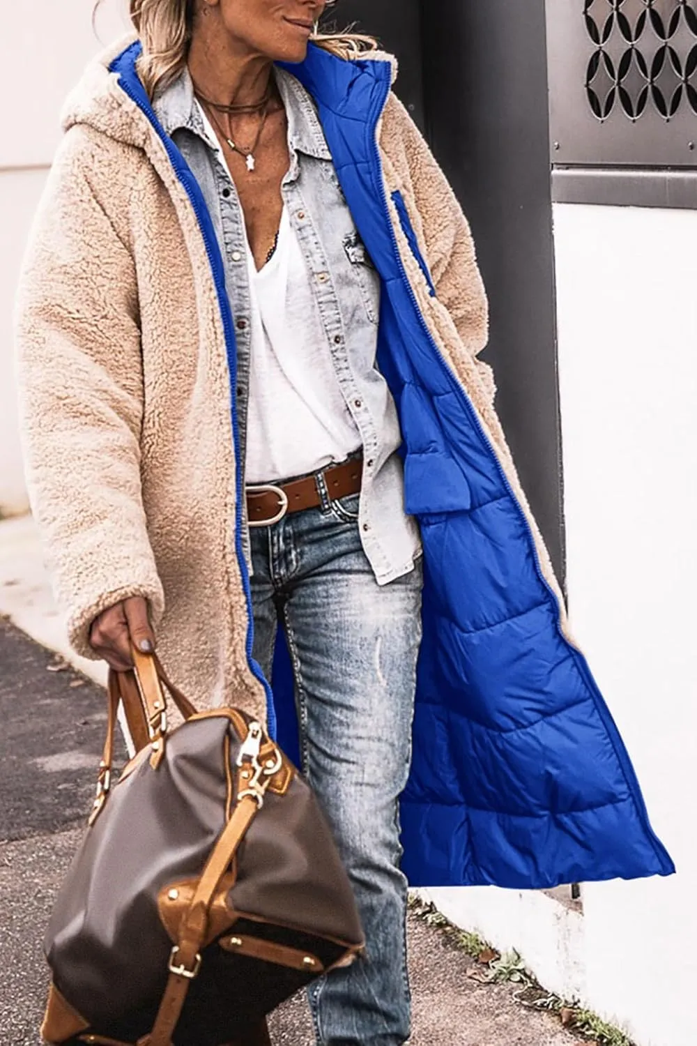 Long Puffer Coat Women Reversible Fleece Jacket Winter Hooded Down Coat Oversized Shearling Fleece Long Coats Jackets