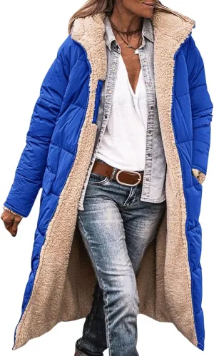 Long Puffer Coat Women Reversible Fleece Jacket Winter Hooded Down Coat Oversized Shearling Fleece Long Coats Jackets