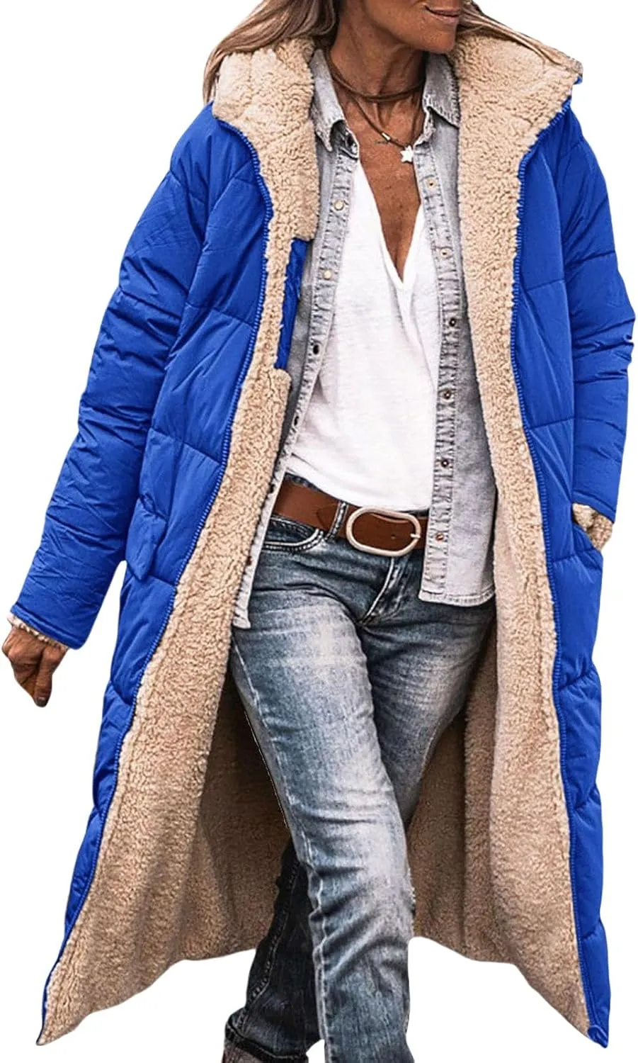 Long Puffer Coat Women Reversible Fleece Jacket Winter Hooded Down Coat Oversized Shearling Fleece Long Coats Jackets