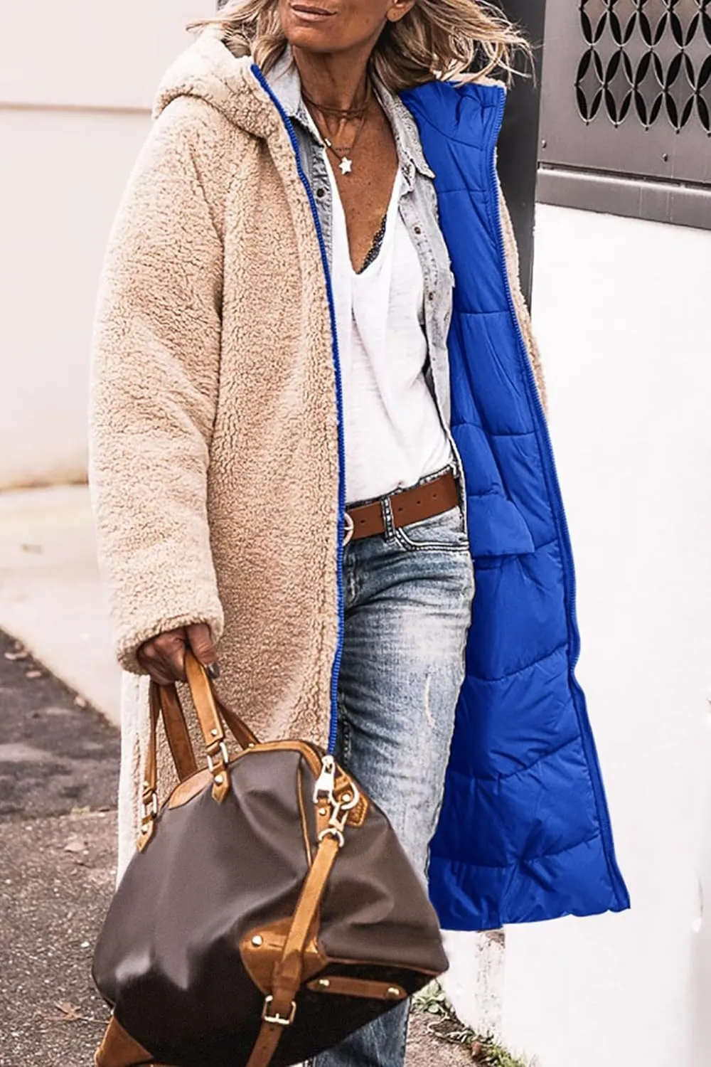 Long Puffer Coat Women Reversible Fleece Jacket Winter Hooded Down Coat Oversized Shearling Fleece Long Coats Jackets