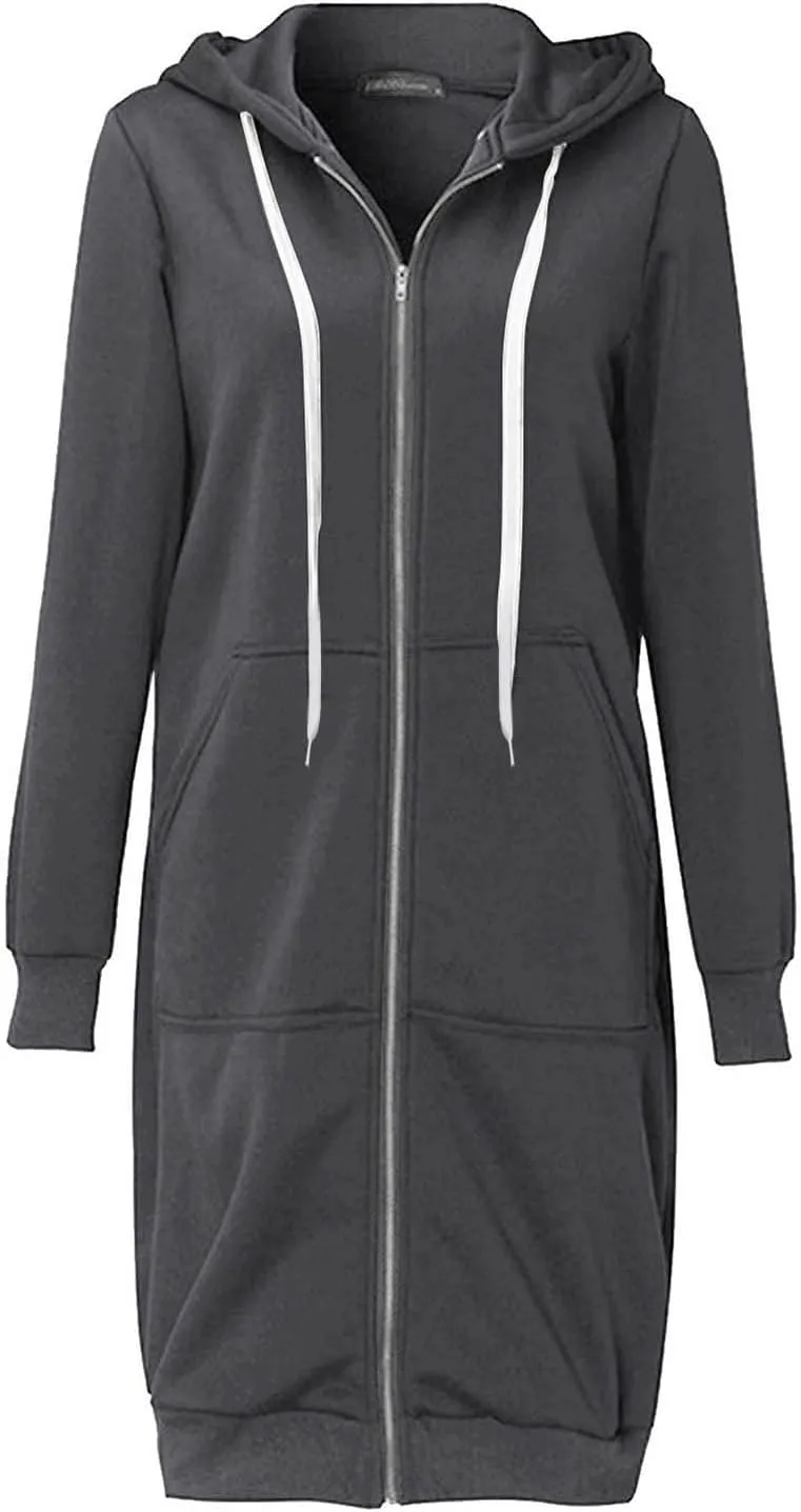Long Sleeve Hoodies for Women Mid Length Solid Fleece Sweater Lightweight Zip Up Sweatshirts with Pockets
