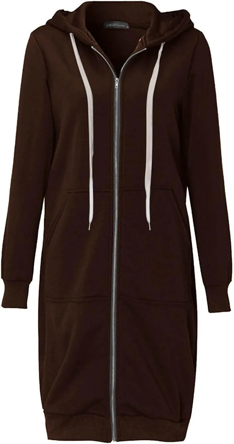 Long Sleeve Hoodies for Women Mid Length Solid Fleece Sweater Lightweight Zip Up Sweatshirts with Pockets
