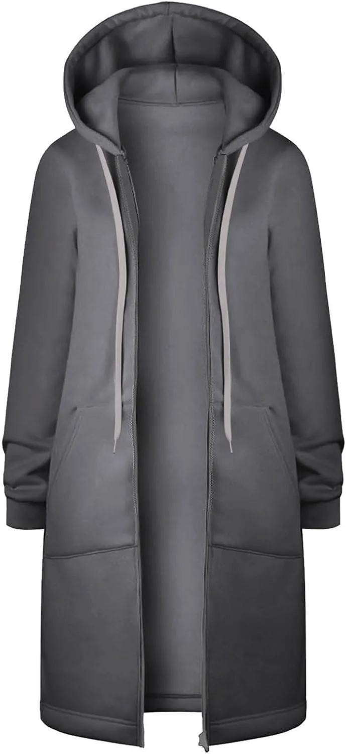 Long Sleeve Hoodies for Women Mid Length Solid Fleece Sweater Lightweight Zip Up Sweatshirts with Pockets