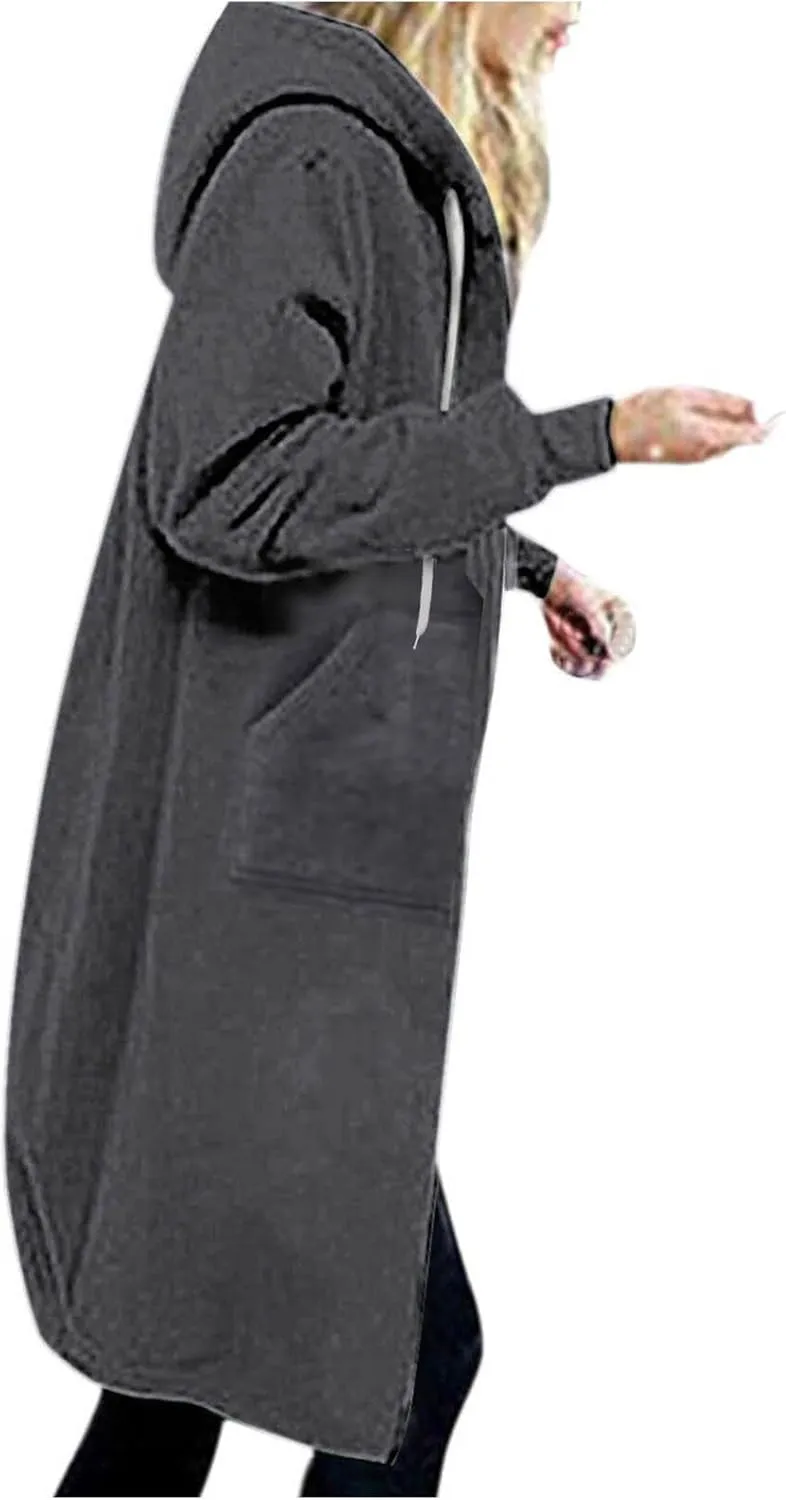 Long Sleeve Hoodies for Women Mid Length Solid Fleece Sweater Lightweight Zip Up Sweatshirts with Pockets