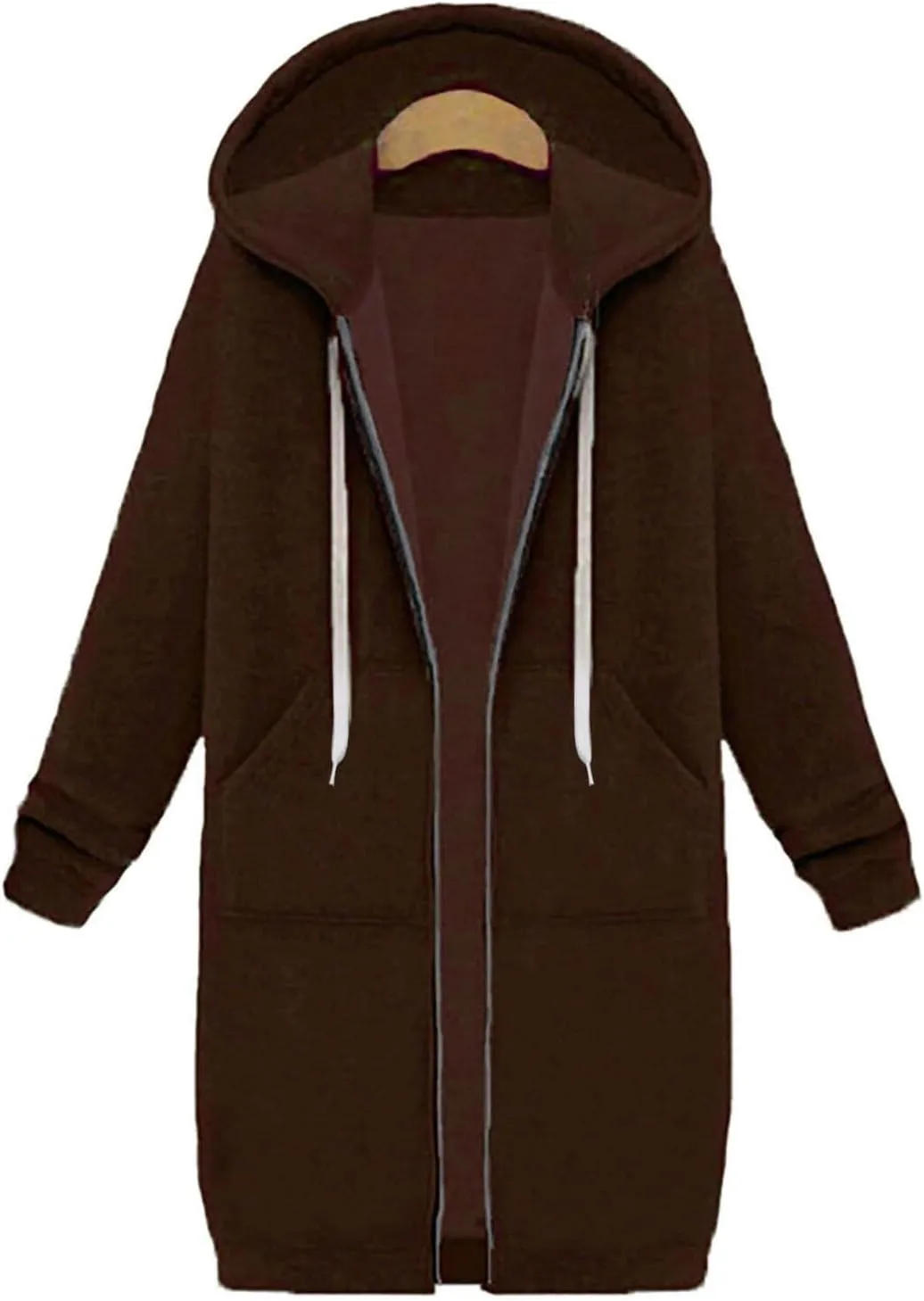 Long Sleeve Hoodies for Women Mid Length Solid Fleece Sweater Lightweight Zip Up Sweatshirts with Pockets