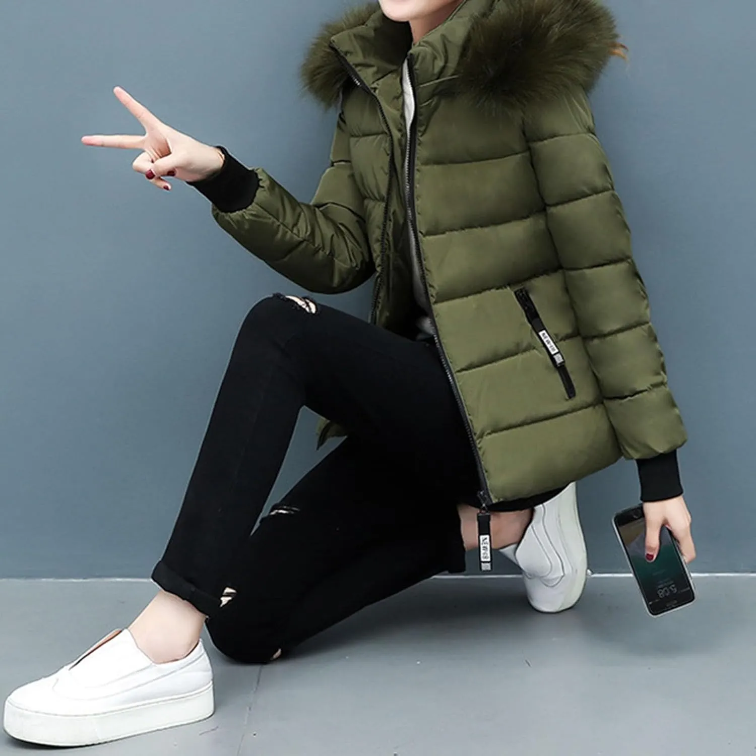 Long Winter Coat with Hood Slim Casual Thicker Fashion Women'S Coat Long Sleeve Full Zip Womens Clothing Black