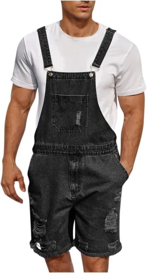LONGBIDA Mens Denim Shorts Bib Overall Loose Fit Ripped Jeans Jumpsuit Adjustable Straps Summer Work Romper