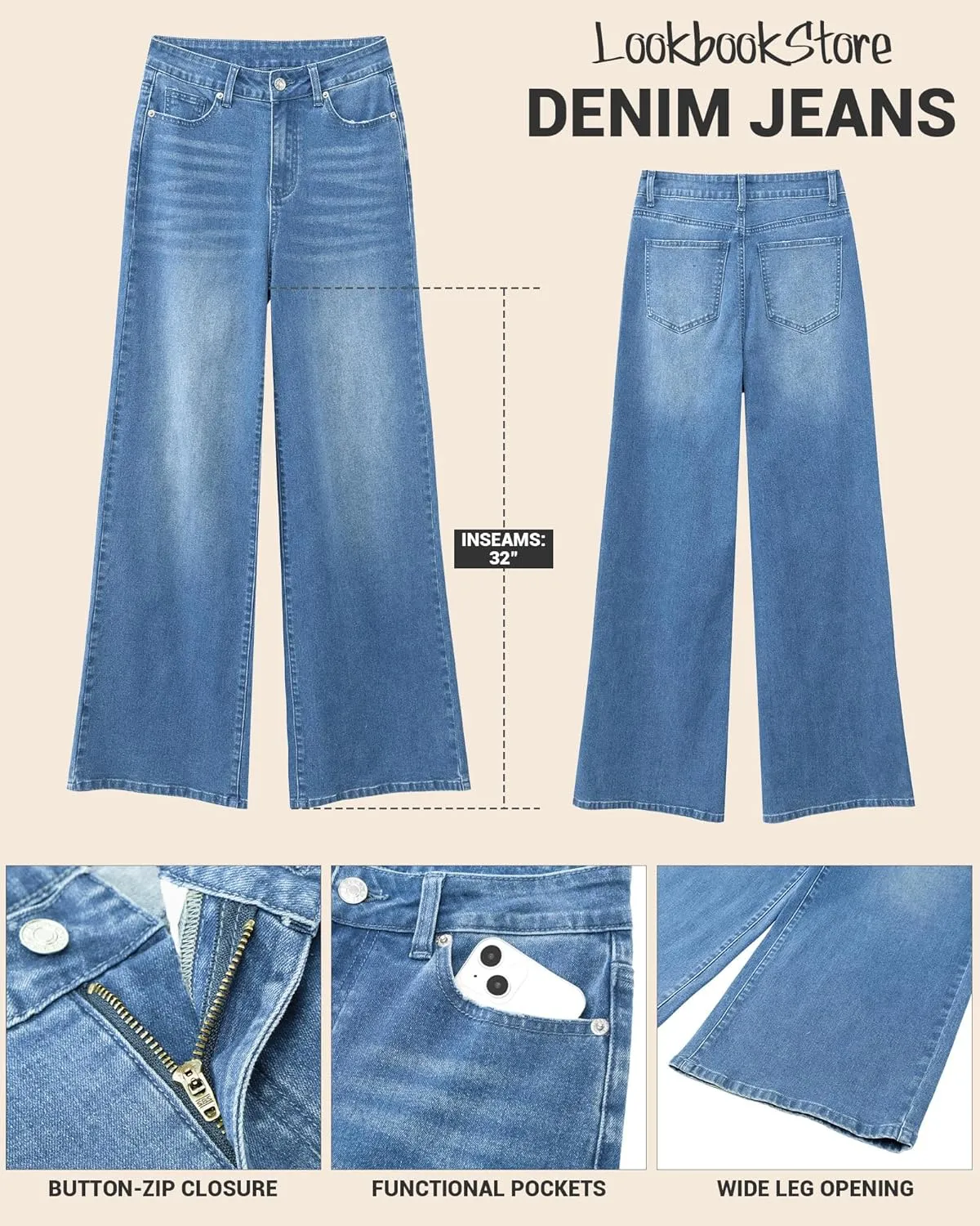 LookbookStore Wide Leg Jeans for Women High Waisted Stretchy Denim Jeans Fashion Baggy Trouser Jean Pants with Pockets