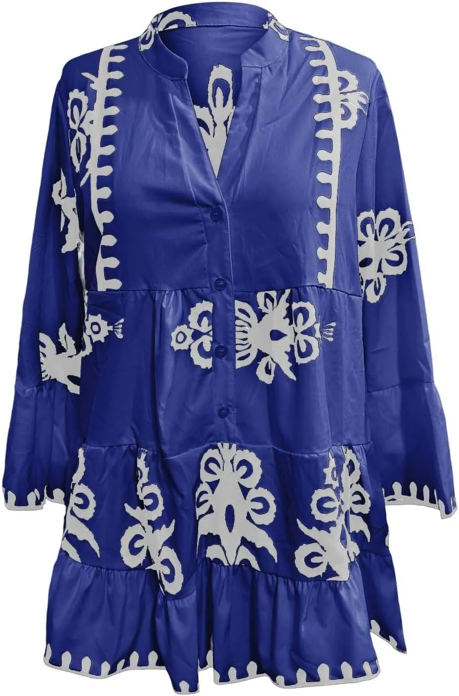 Loose Boho Shirts for Women Fall Stand Collar 3/4 Sleeve Pleated Flowy Button Down Blouse Dressy Vacation Party Tops