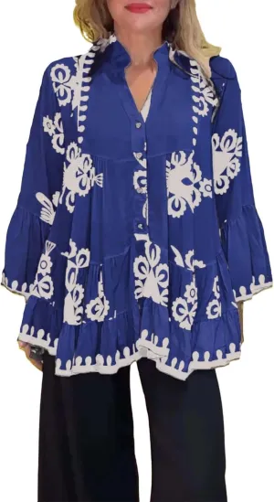 Loose Boho Shirts for Women Fall Stand Collar 3/4 Sleeve Pleated Flowy Button Down Blouse Dressy Vacation Party Tops