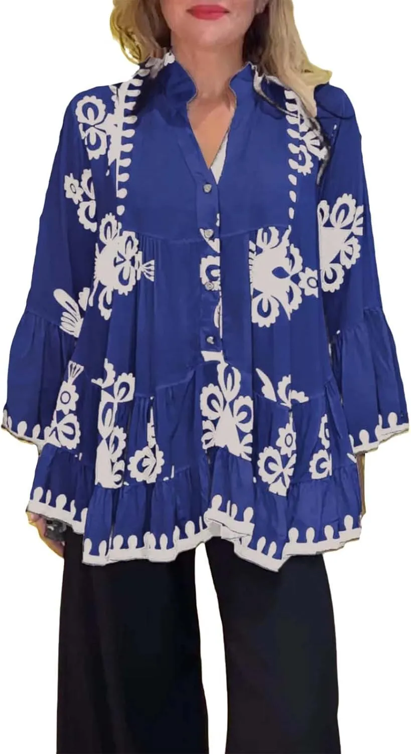 Loose Boho Shirts for Women Fall Stand Collar 3/4 Sleeve Pleated Flowy Button Down Blouse Dressy Vacation Party Tops