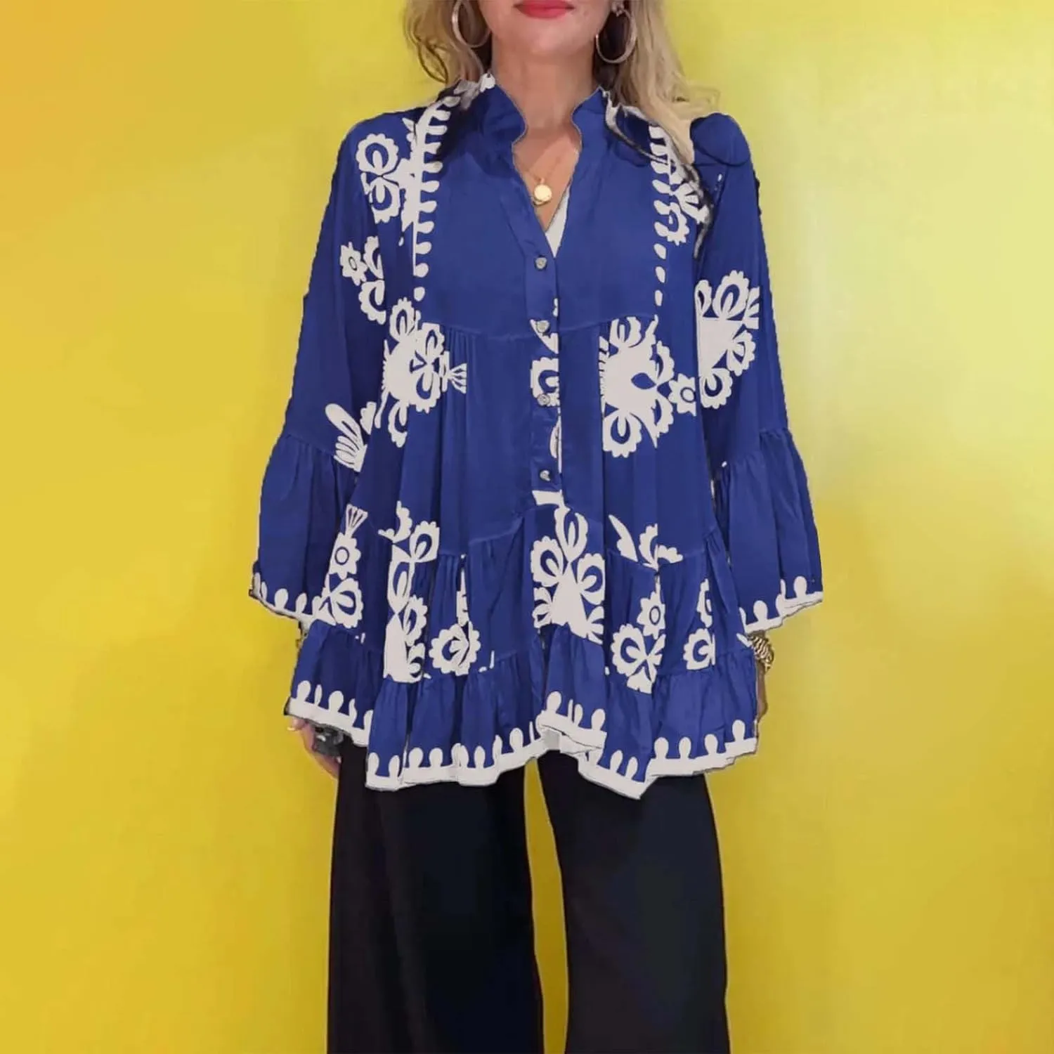 Loose Boho Shirts for Women Fall Stand Collar 3/4 Sleeve Pleated Flowy Button Down Blouse Dressy Vacation Party Tops