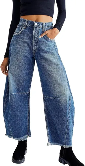 loveimgs Women Loose Distressed Baggy Barrel Jeans High Rise Denim Pants Y2k Frayed Boyfriend Wide Leg Jeans Pocket