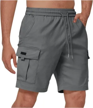 Men Casual Drawstring Elastic Waist Shorts Solid Knee Length Cargo Shorts with Pockets Athletic Workout Sports Shorts