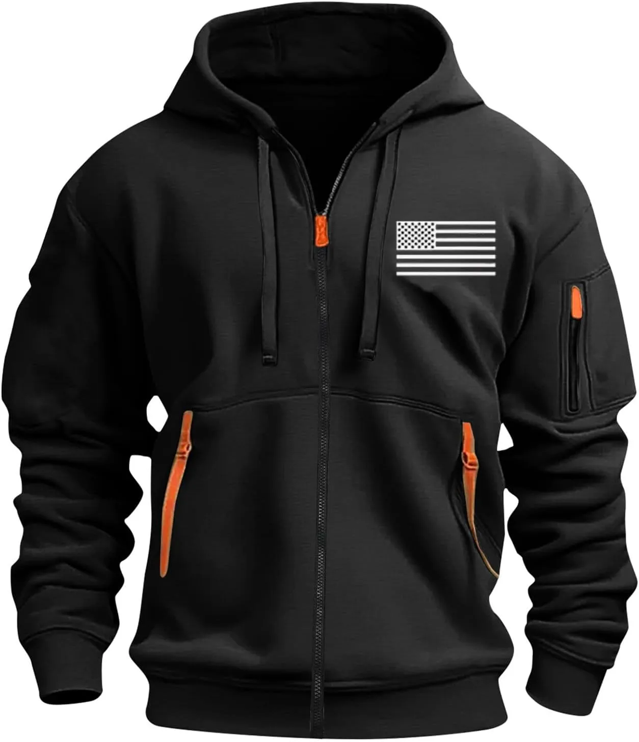 Men Casual Hoodies with Zip Pockets American Flag Print Full Zip Long Sleeve Sweatshirt Sports Hooded Jacket