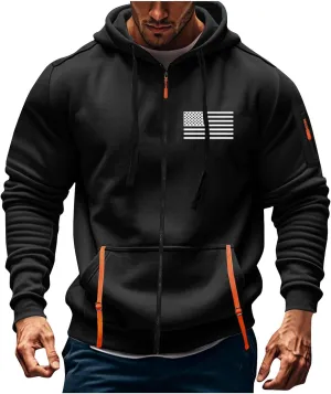 Men Casual Hoodies with Zip Pockets American Flag Print Full Zip Long Sleeve Sweatshirt Sports Hooded Jacket