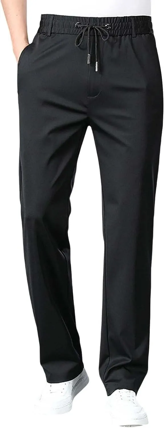 Men Dress Pants Plus Size Casual Business Trousers Straight Leg Fall Pants Solid Drawstring Elastic Waist Slacks