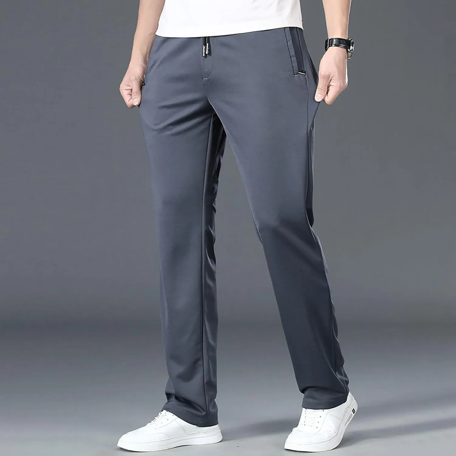 Men Dress Pants Plus Size Casual Business Trousers Straight Leg Fall Pants Solid Drawstring Elastic Waist Slacks