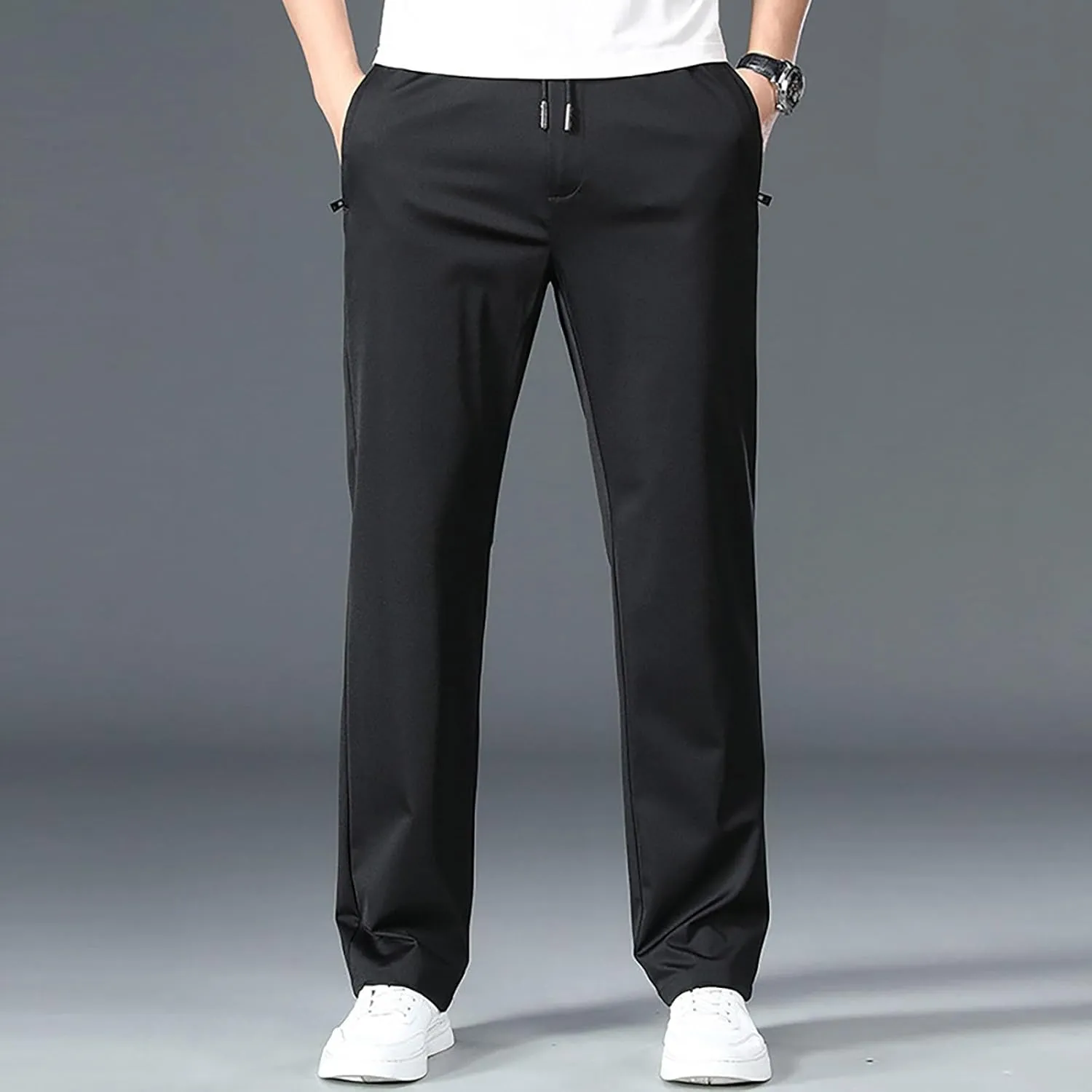 Men Dress Pants Plus Size Casual Business Trousers Straight Leg Fall Pants Solid Drawstring Elastic Waist Slacks