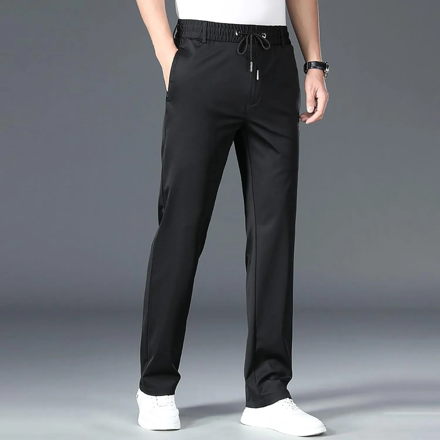 Men Dress Pants Plus Size Casual Business Trousers Straight Leg Fall Pants Solid Drawstring Elastic Waist Slacks