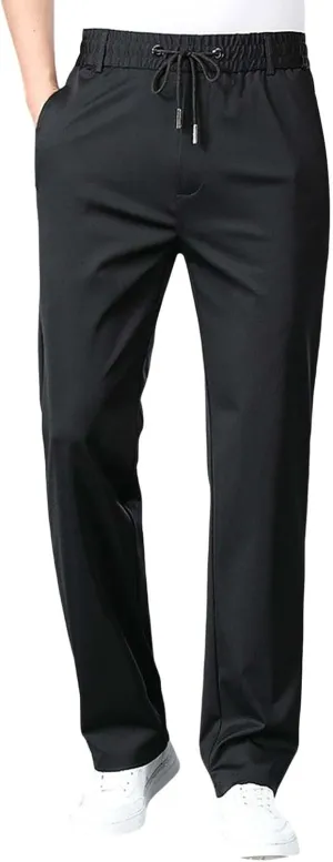 Men Dress Pants Plus Size Casual Business Trousers Straight Leg Fall Pants Solid Drawstring Elastic Waist Slacks