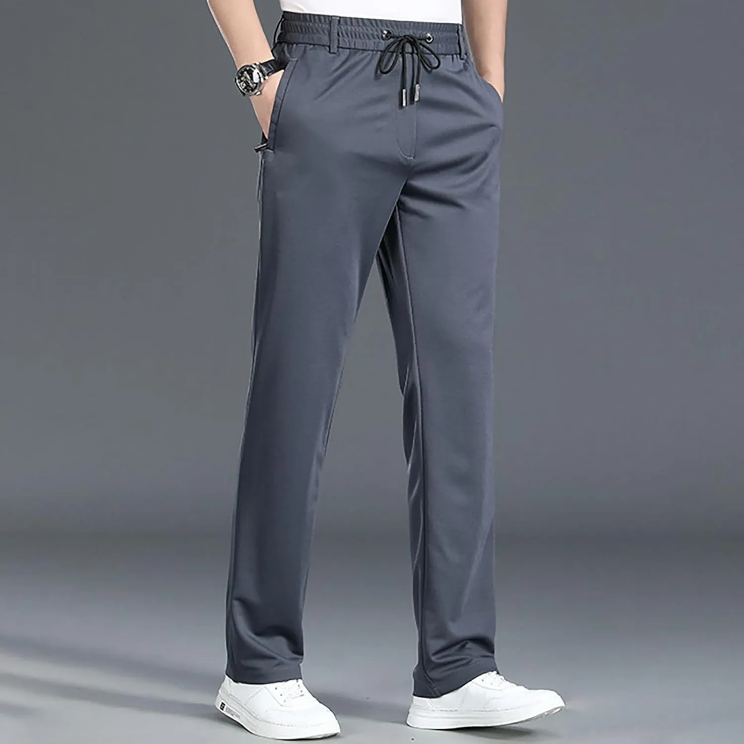 Men Dress Pants Plus Size Casual Business Trousers Straight Leg Fall Pants Solid Drawstring Elastic Waist Slacks