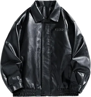 Men Oversized Leather Jackets Mens Faux Leather Bomber Jacket 90s Vintage Lapel Zip Up Biker Racing Moto Jacket