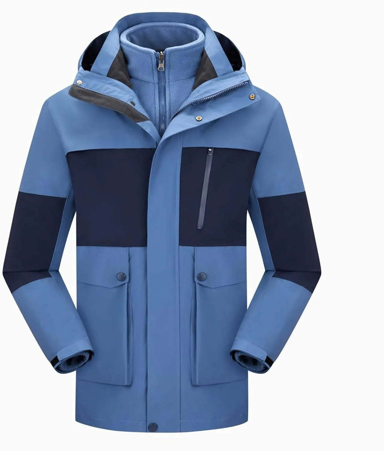 Men Women 3-in-1 Rain Jacket Unisex Hooded Waterproof Windbreaker with Pockets Hiking Skiing Outdoor Sports Raincoat