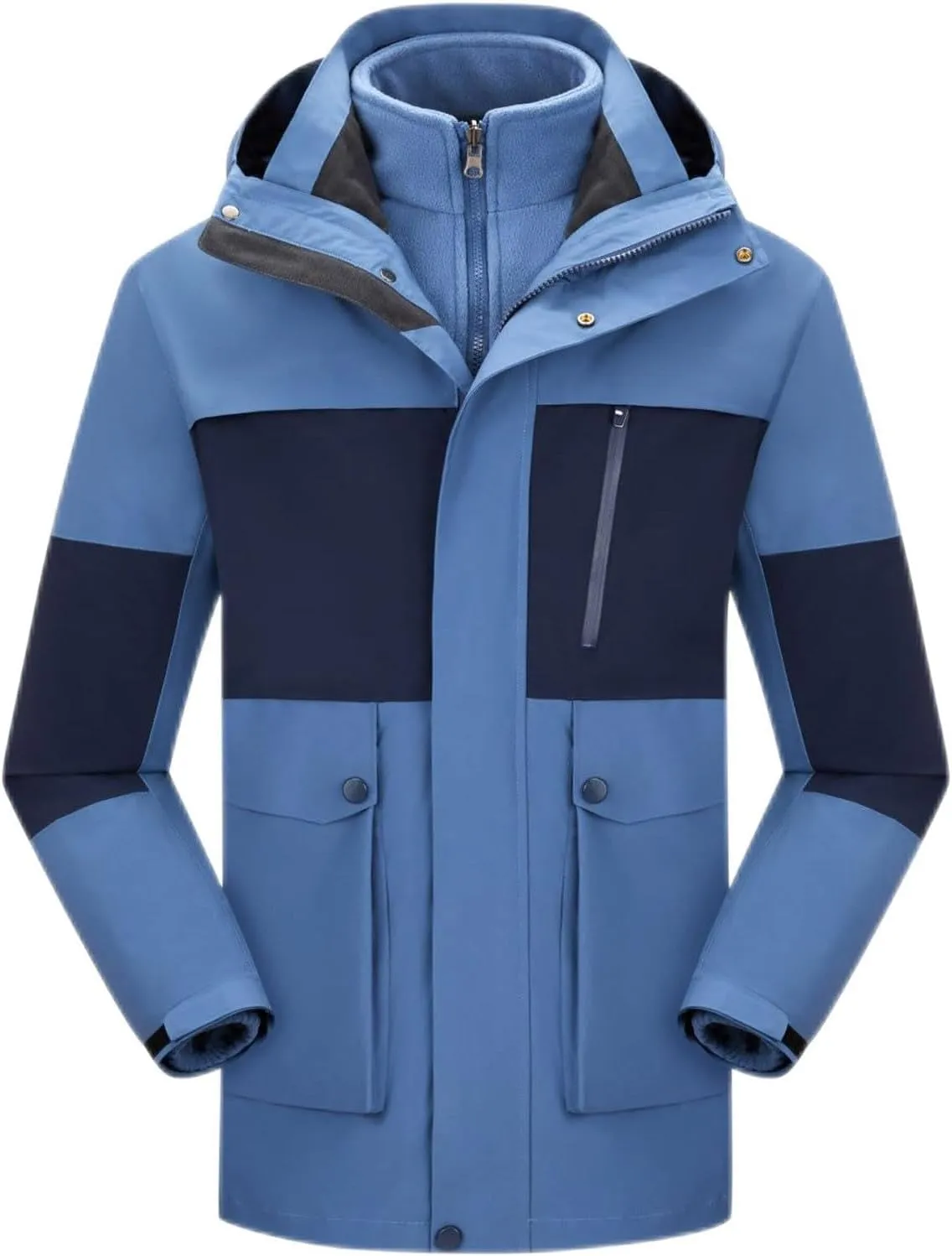 Men Women 3-in-1 Rain Jacket Unisex Hooded Waterproof Windbreaker with Pockets Hiking Skiing Outdoor Sports Raincoat