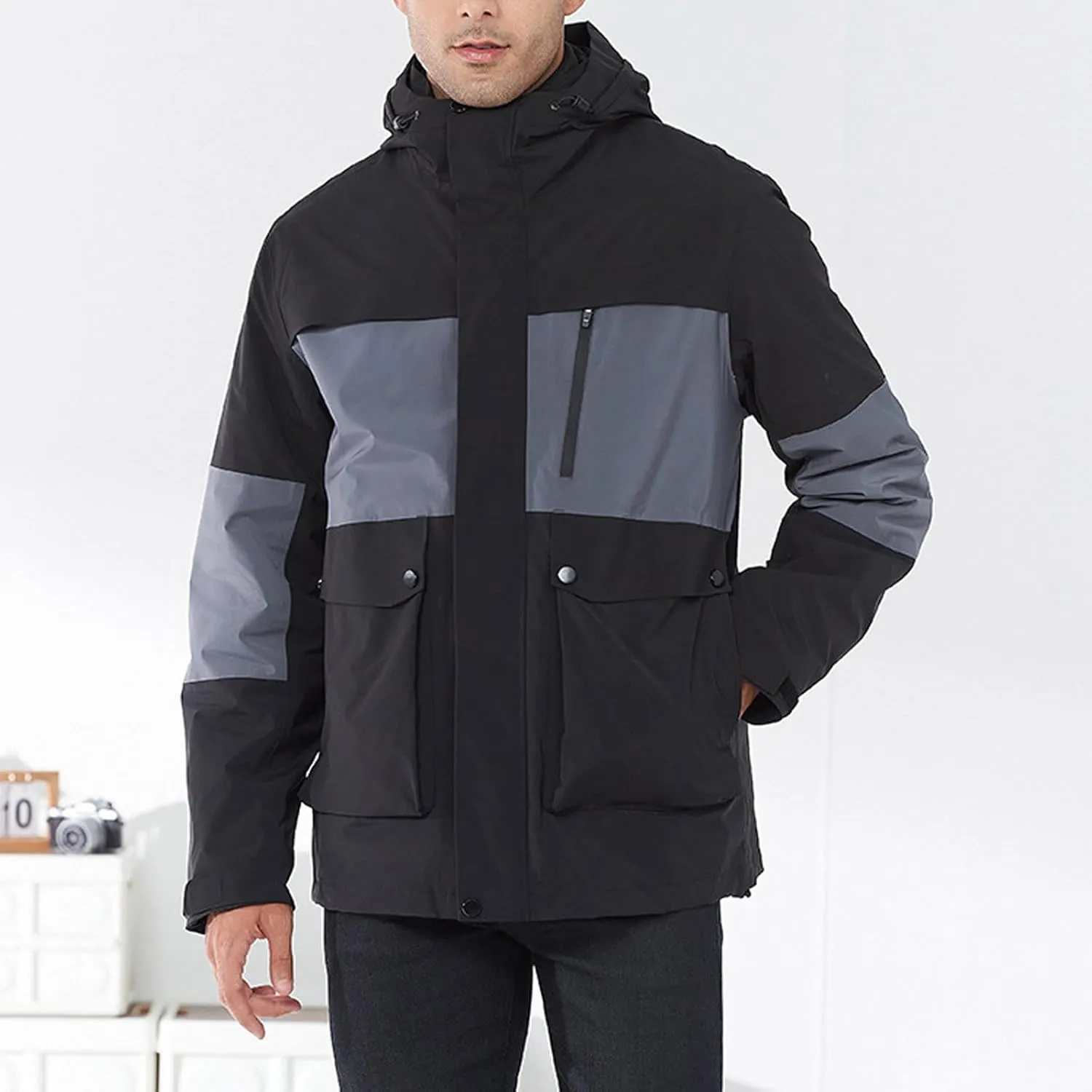 Men Women 3-in-1 Rain Jacket Unisex Hooded Waterproof Windbreaker with Pockets Hiking Skiing Outdoor Sports Raincoat