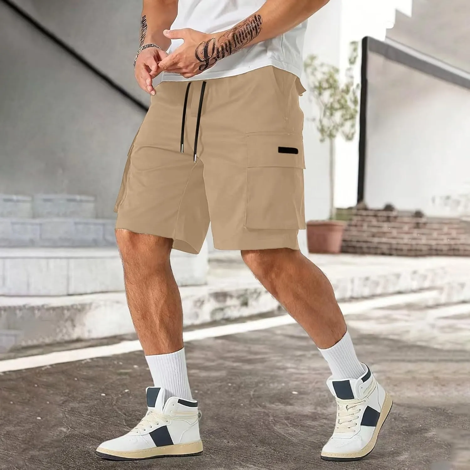 Mens Cargo Shorts Lightweight Stretch Hiking Short Gym Casual Shorts Elastic Waistband 6 Pockets