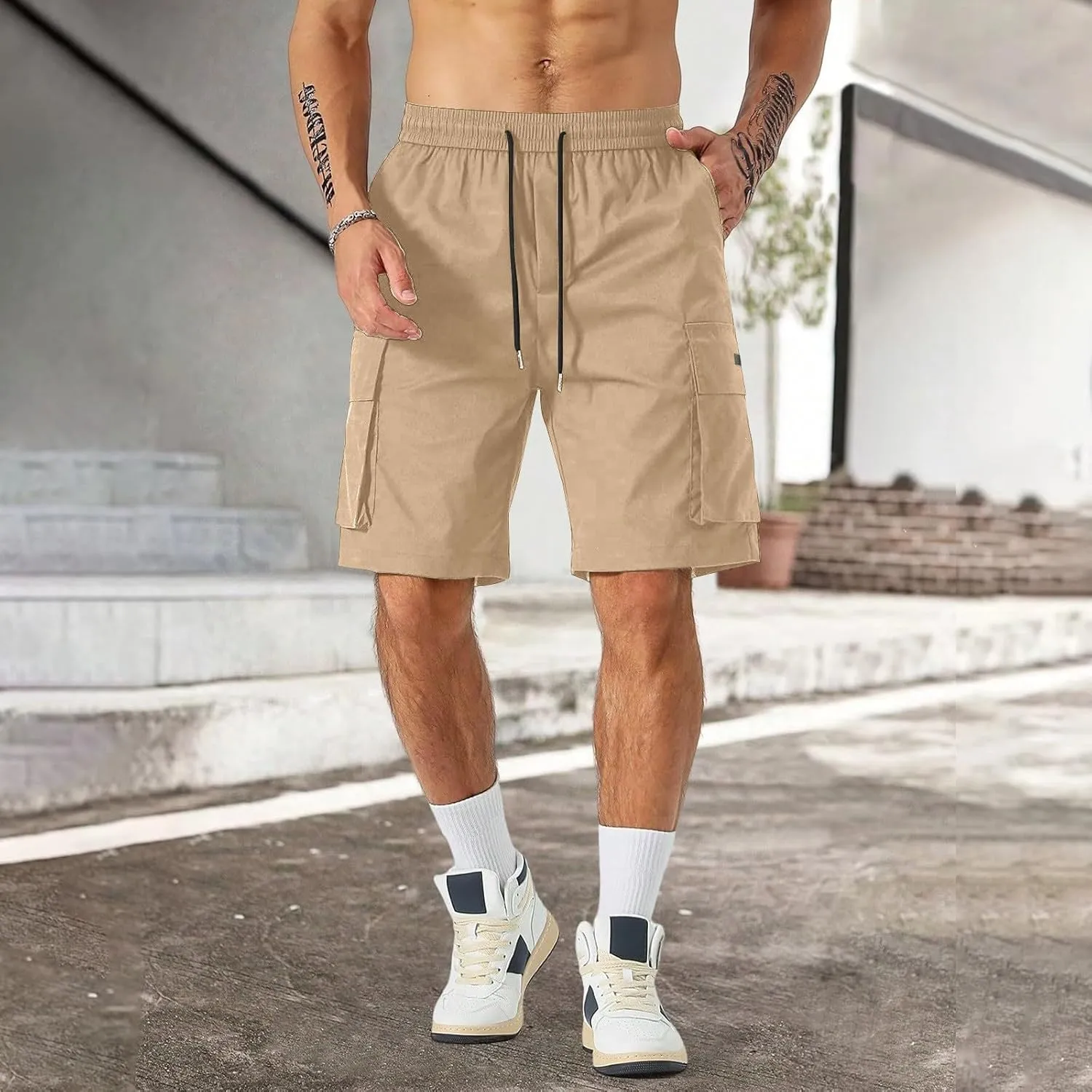 Mens Cargo Shorts Lightweight Stretch Hiking Short Gym Casual Shorts Elastic Waistband 6 Pockets