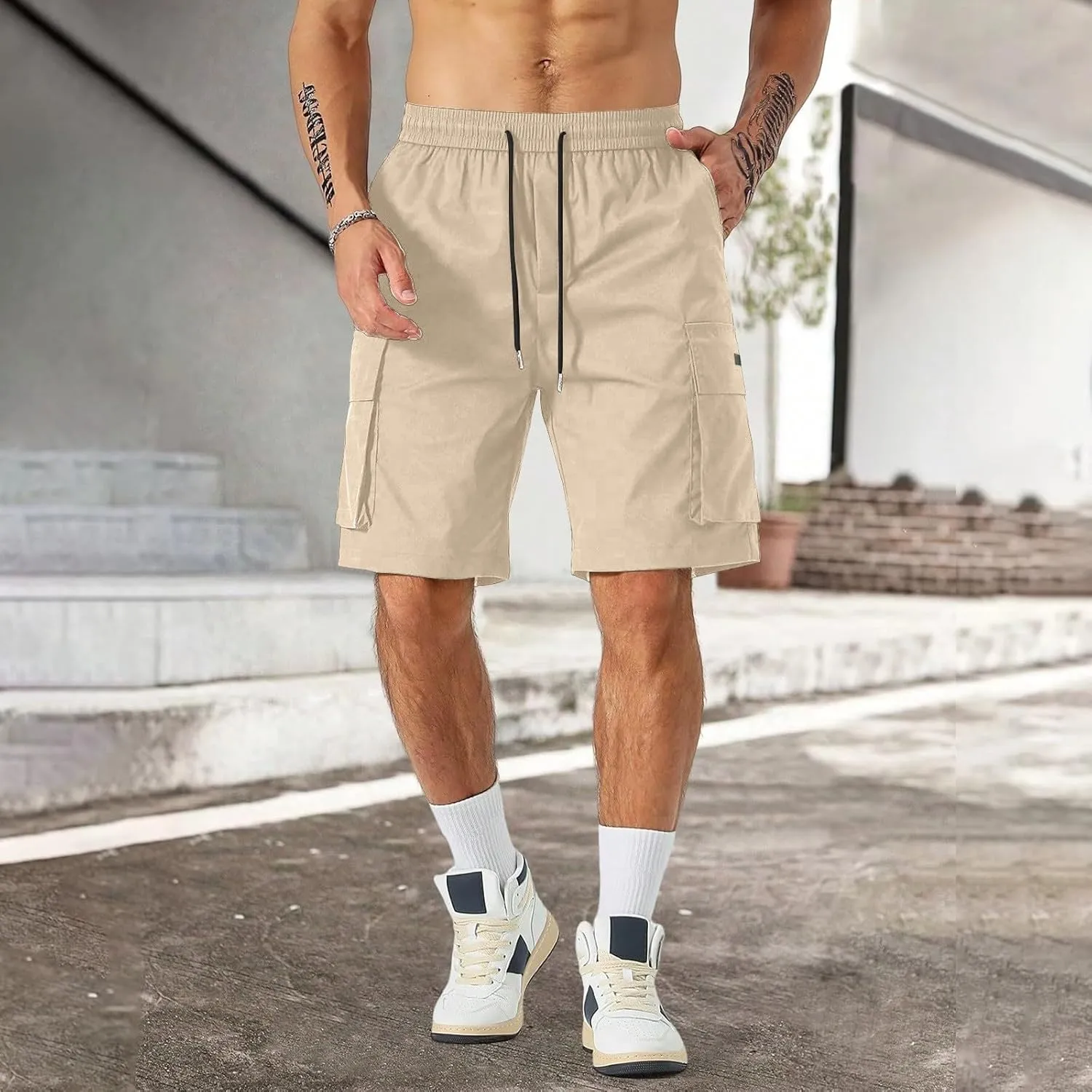 Mens Cargo Shorts Lightweight Stretch Hiking Short Gym Casual Shorts Elastic Waistband 6 Pockets