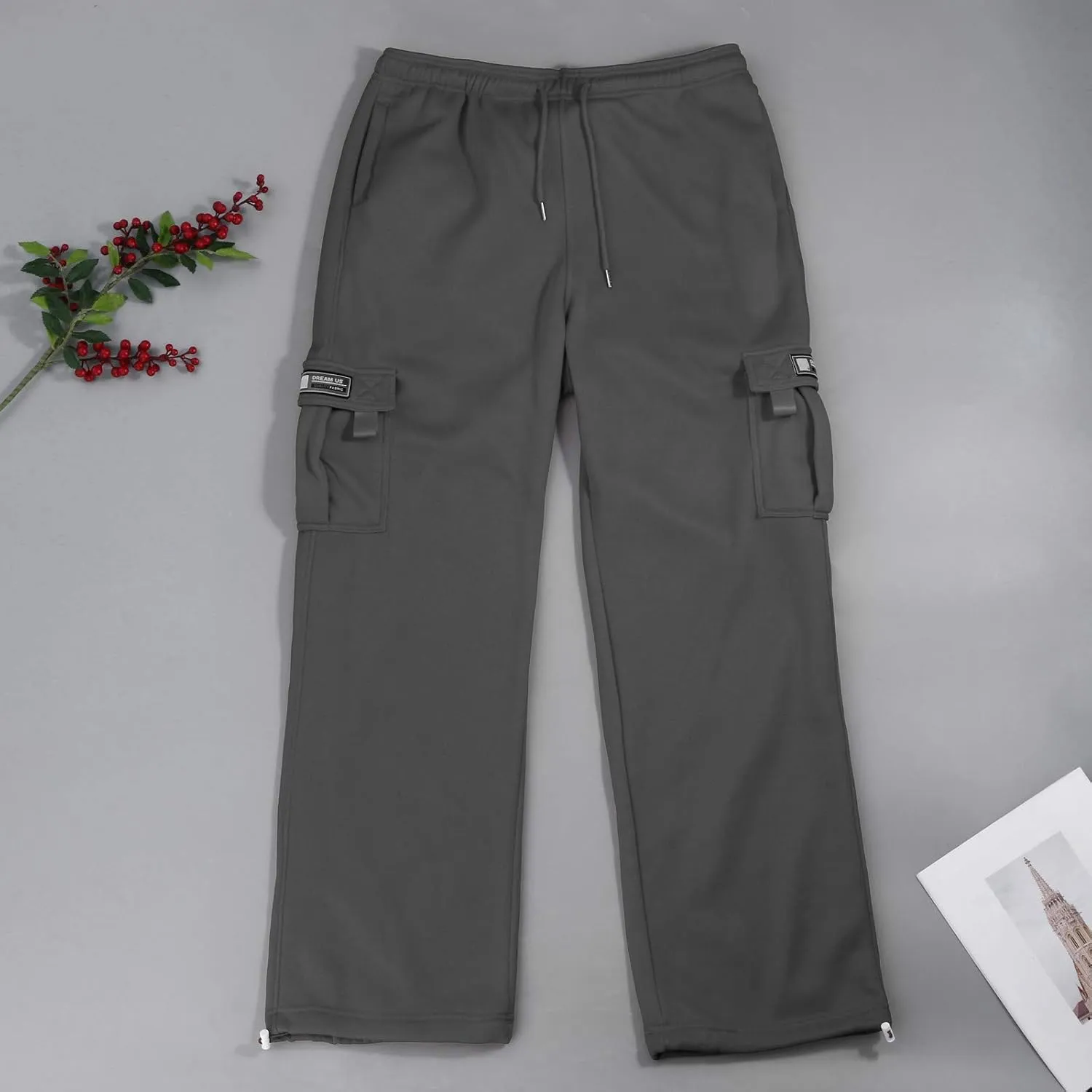 Mens Cargo Sweatpants Casual Baggy Drawstring Waist Open Bottom Sweatpants Lightweight Cargo Pants with Multi Pants