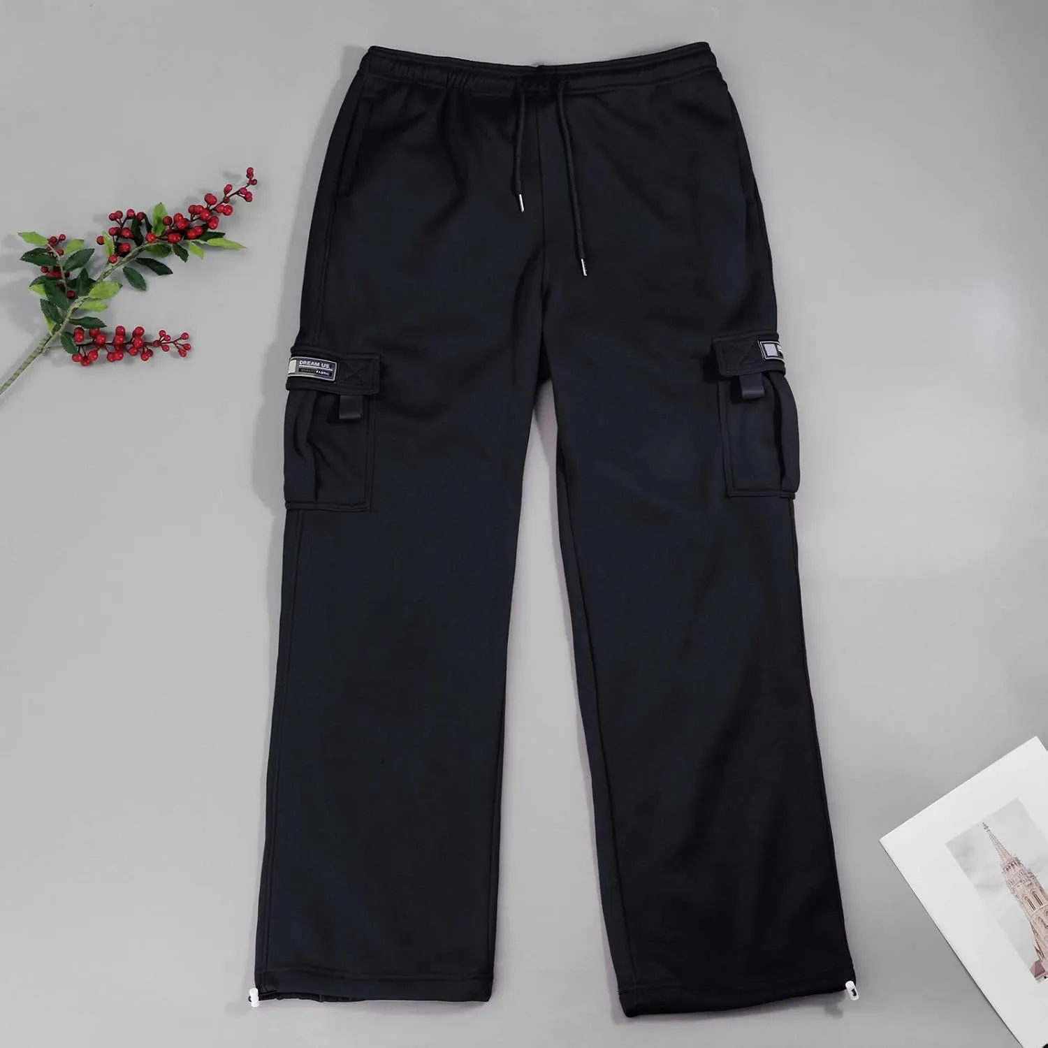 Mens Cargo Sweatpants Casual Baggy Drawstring Waist Open Bottom Sweatpants Lightweight Cargo Pants with Multi Pants