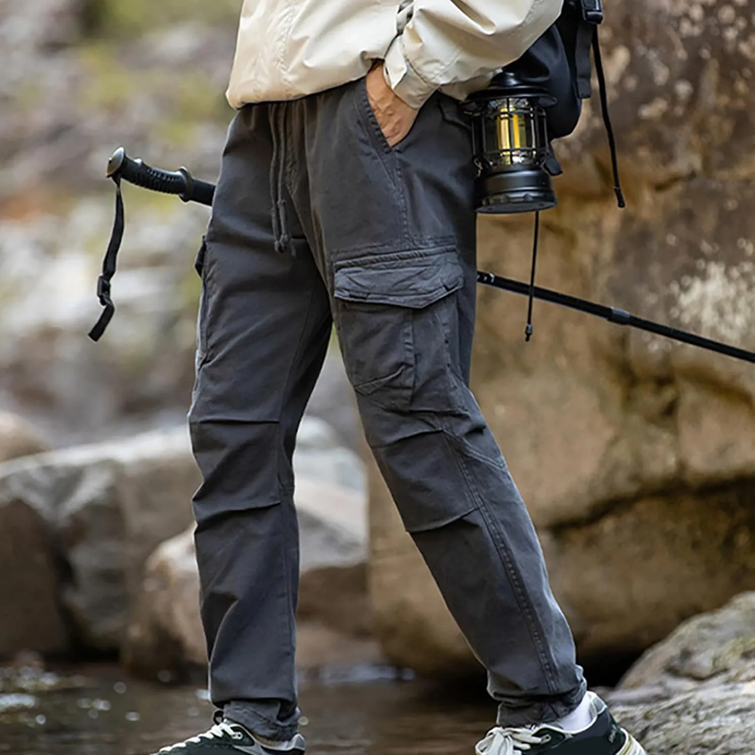 Mens Casual Cargo Pants Elastic Waist Stretch Drawstring Relaxed Fit Jogger Pants Classic Gym Hiking Workout Trousers